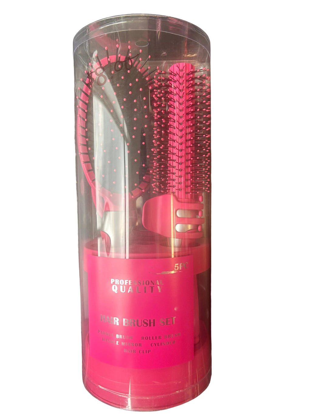5-Piece Pink Hair Brush & Styling Set – Paddle Brush, Round Brush, Mirror & Hair Clip