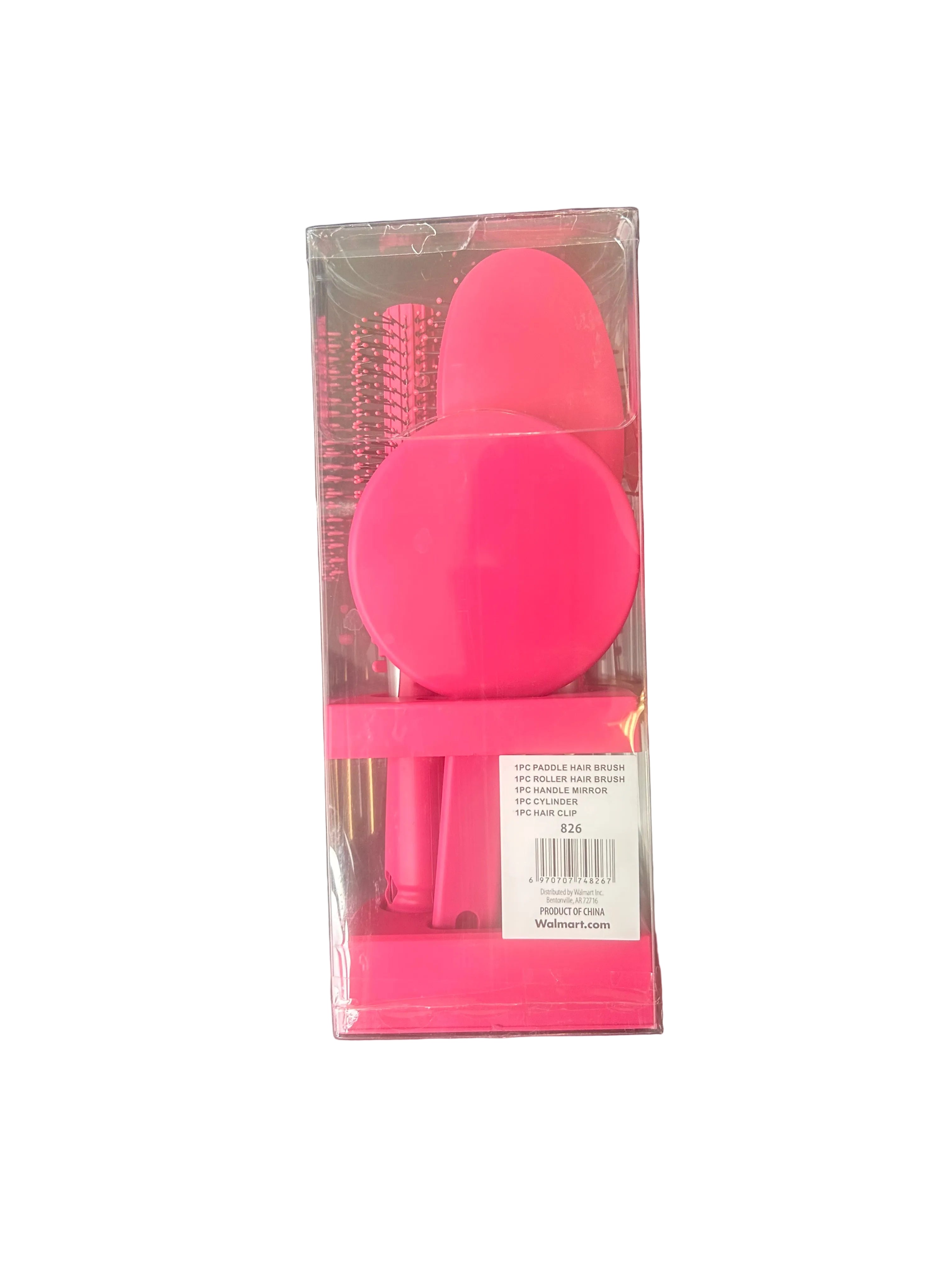 5-Piece Pink Hair Brush & Styling Set – Paddle Brush, Round Brush, Mirror & Hair Clip