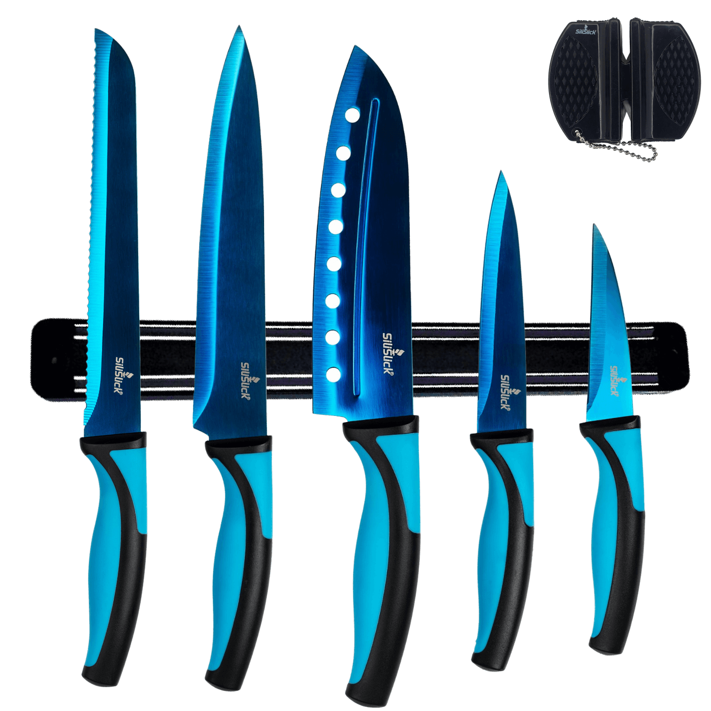 Kitchen Knife Set Kit & Black Magnetic Rack & sharpener - Rubber City Bargains